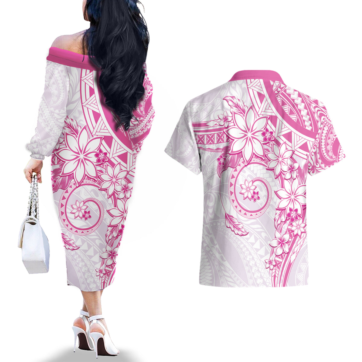 Polynesian Pattern With Plumeria Flowers Couples Matching Off The Shoulder Long Sleeve Dress and Hawaiian Shirt Pink