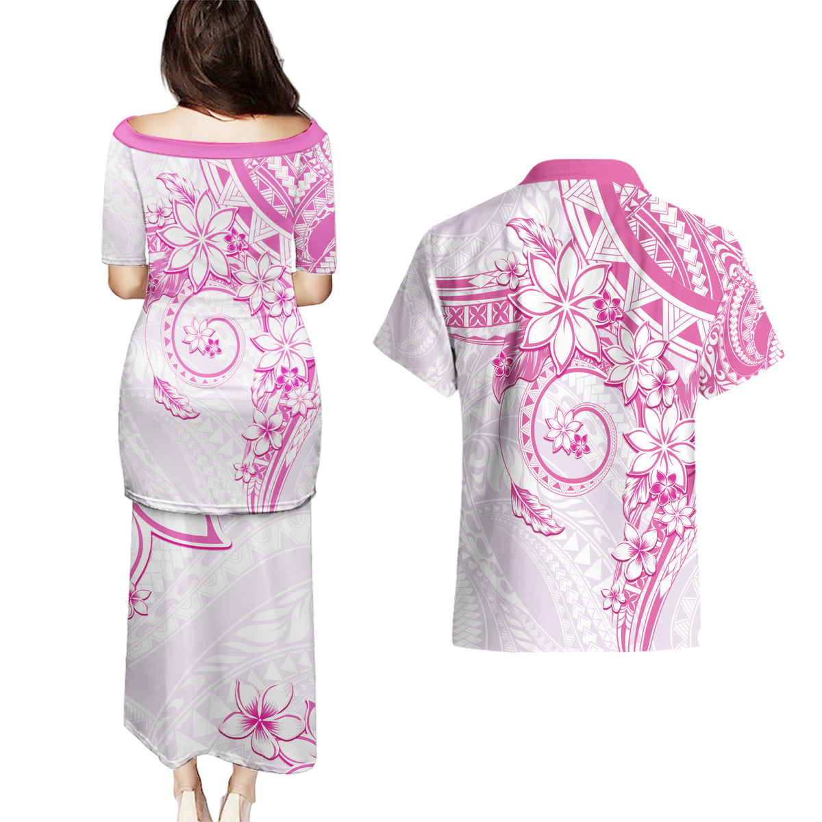 Polynesian Pattern With Plumeria Flowers Couples Matching Puletasi and Hawaiian Shirt Pink