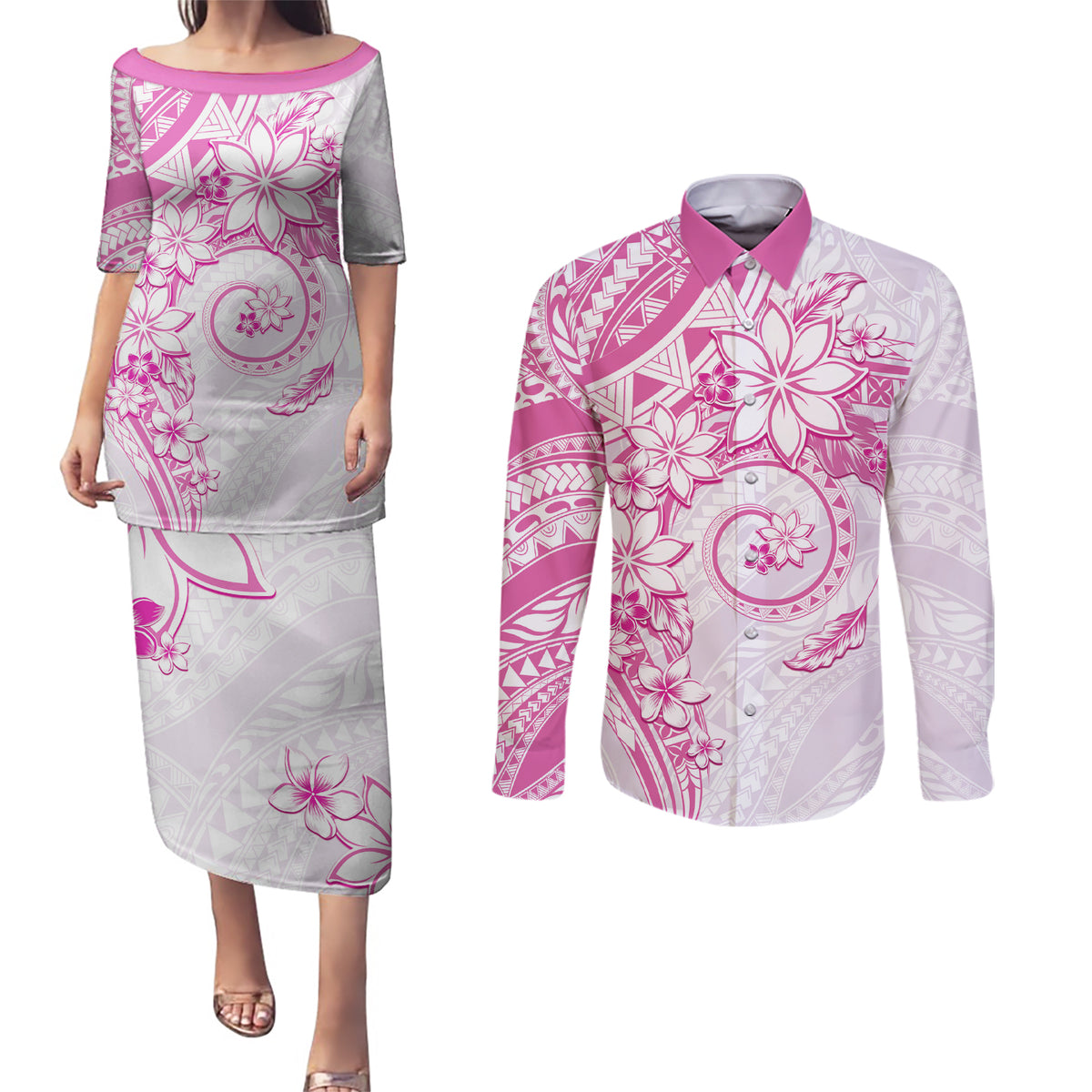 Polynesian Pattern With Plumeria Flowers Couples Matching Puletasi and Long Sleeve Button Shirt Pink