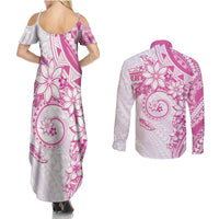 Polynesian Pattern With Plumeria Flowers Couples Matching Summer Maxi Dress and Long Sleeve Button Shirt Pink