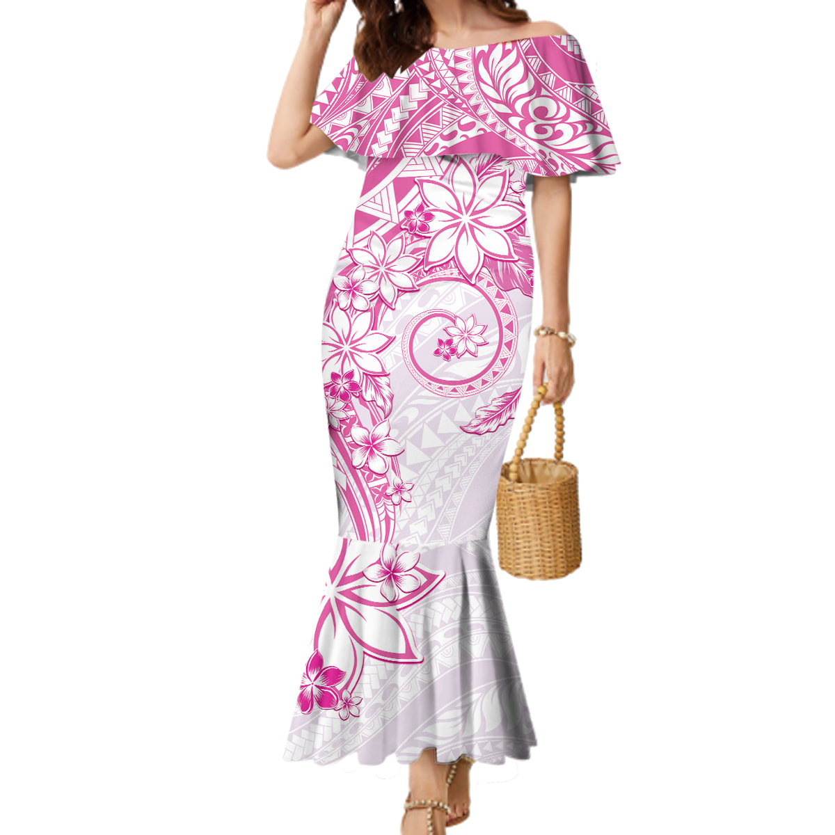 Polynesian Pattern With Plumeria Flowers Family Matching Mermaid Dress and Hawaiian Shirt Pink LT05 Mom's Dress Pink - Polynesian Pride