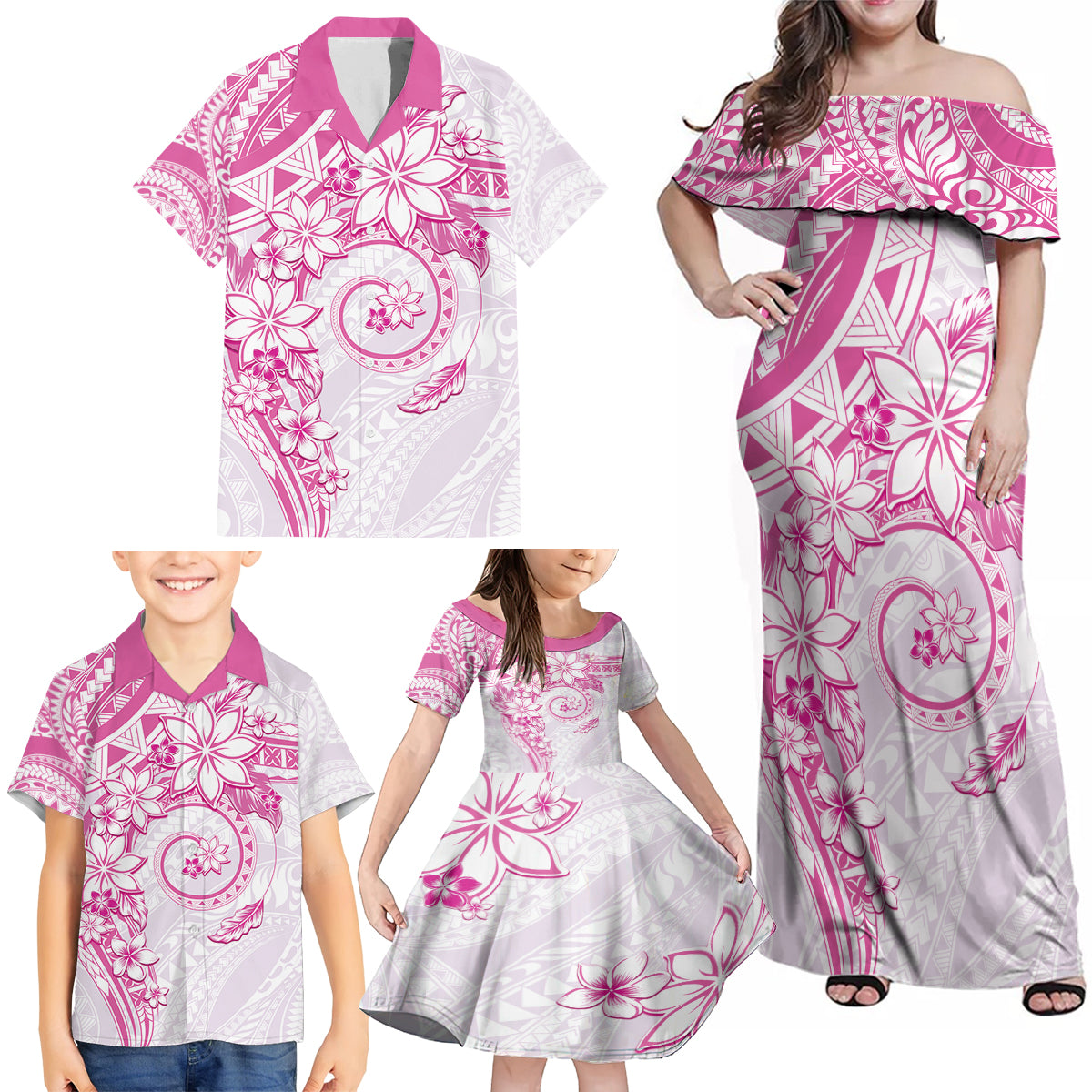 Polynesian Pattern With Plumeria Flowers Family Matching Off Shoulder Maxi Dress and Hawaiian Shirt Pink LT05 - Polynesian Pride