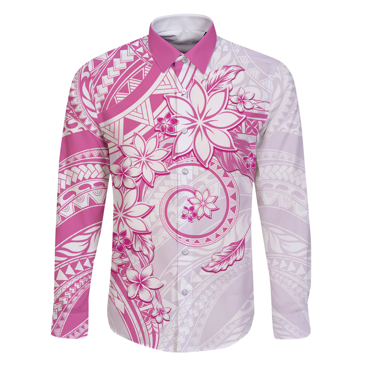 Polynesian Pattern With Plumeria Flowers Family Matching Off Shoulder Maxi Dress and Hawaiian Shirt Pink LT05 Dad's Shirt - Long Sleeve Pink - Polynesian Pride