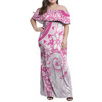 Polynesian Pattern With Plumeria Flowers Family Matching Off Shoulder Maxi Dress and Hawaiian Shirt Pink LT05 Mom's Dress Pink - Polynesian Pride