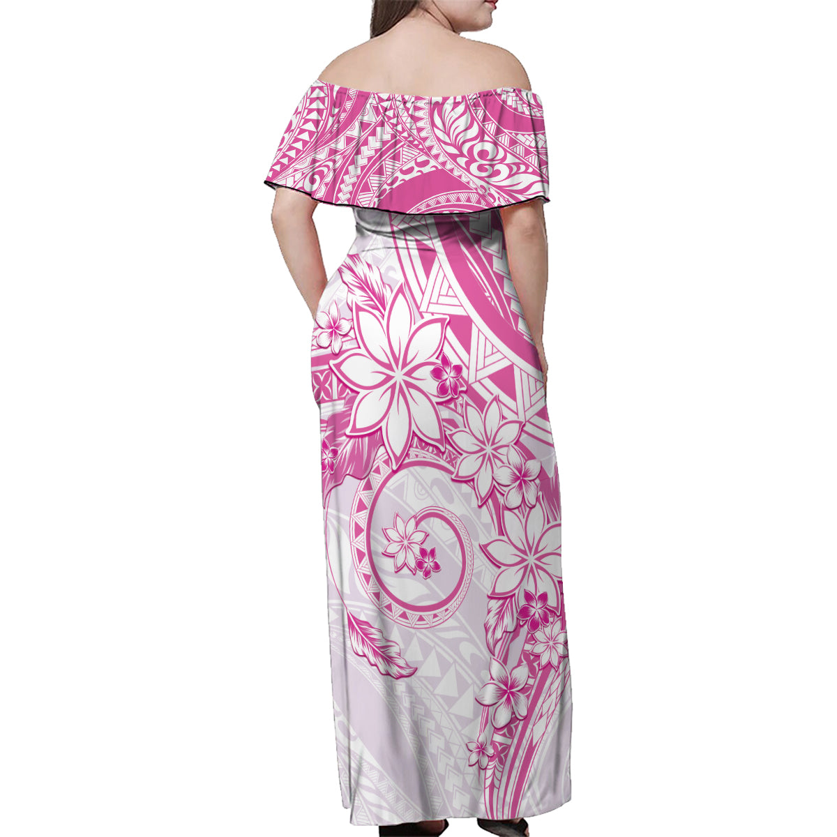 Polynesian Pattern With Plumeria Flowers Family Matching Off Shoulder Maxi Dress and Hawaiian Shirt Pink LT05 - Polynesian Pride