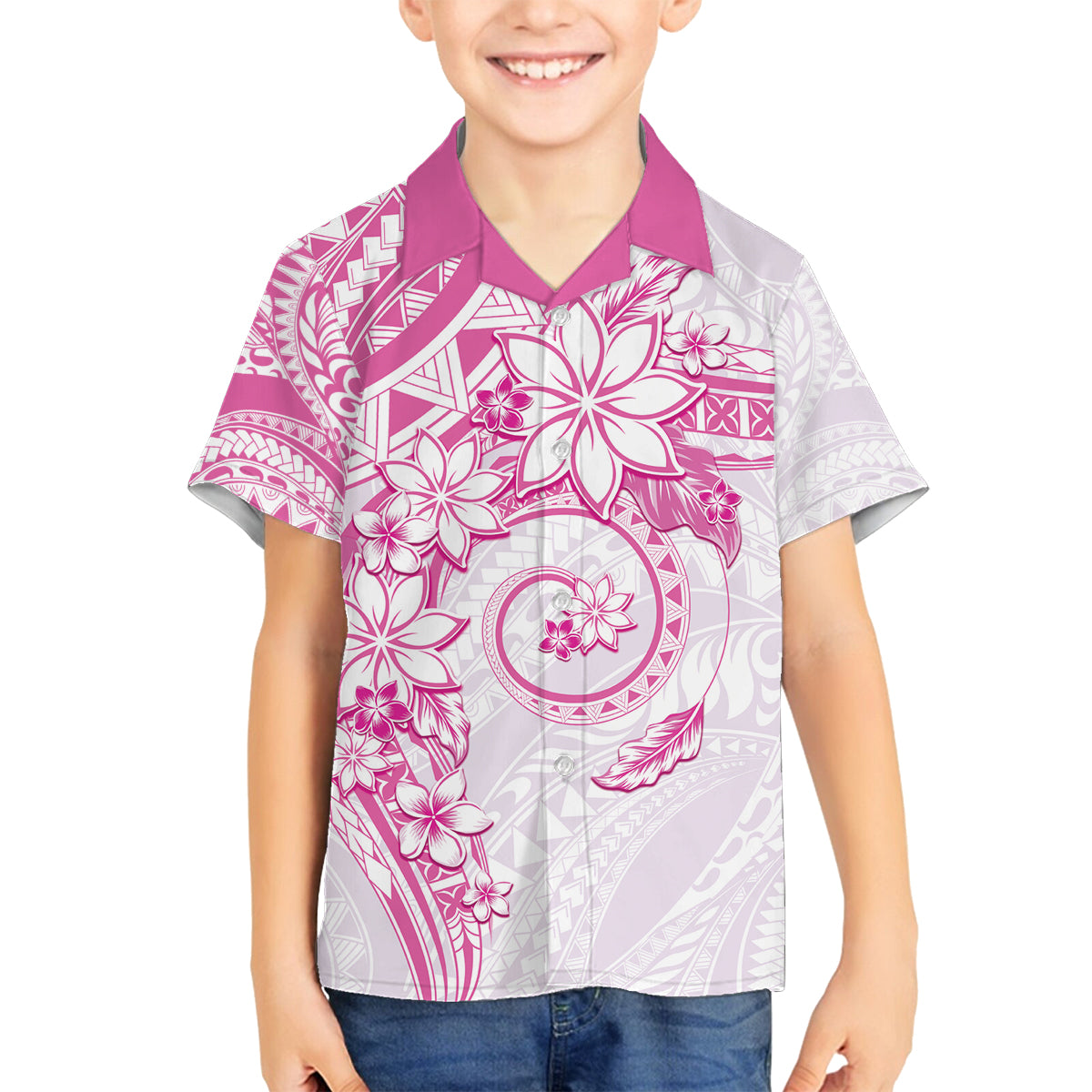 Polynesian Pattern With Plumeria Flowers Family Matching Off Shoulder Maxi Dress and Hawaiian Shirt Pink LT05 Son's Shirt Pink - Polynesian Pride