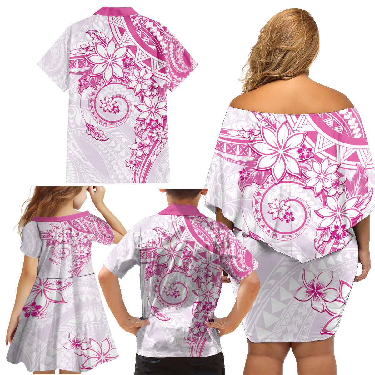 Polynesian Pattern With Plumeria Flowers Family Matching Off Shoulder Short Dress and Hawaiian Shirt Pink LT05 - Polynesian Pride