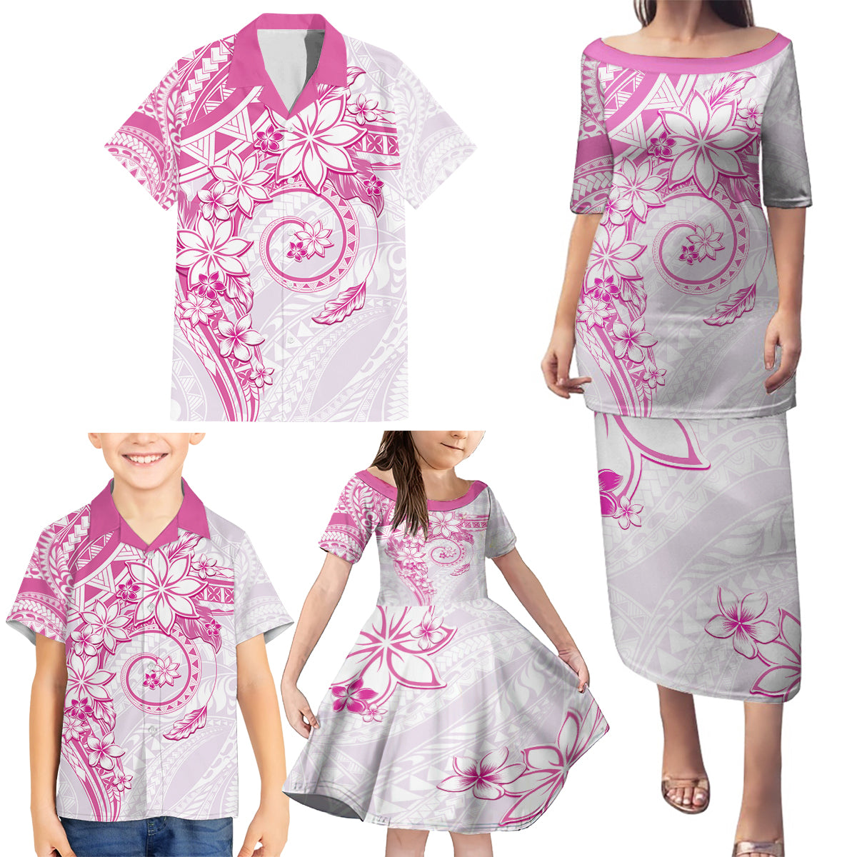 Polynesian Pattern With Plumeria Flowers Family Matching Puletasi and Hawaiian Shirt Pink