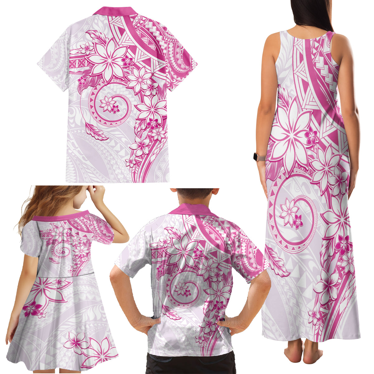 Polynesian Pattern With Plumeria Flowers Family Matching Tank Maxi Dress and Hawaiian Shirt Pink LT05 - Polynesian Pride