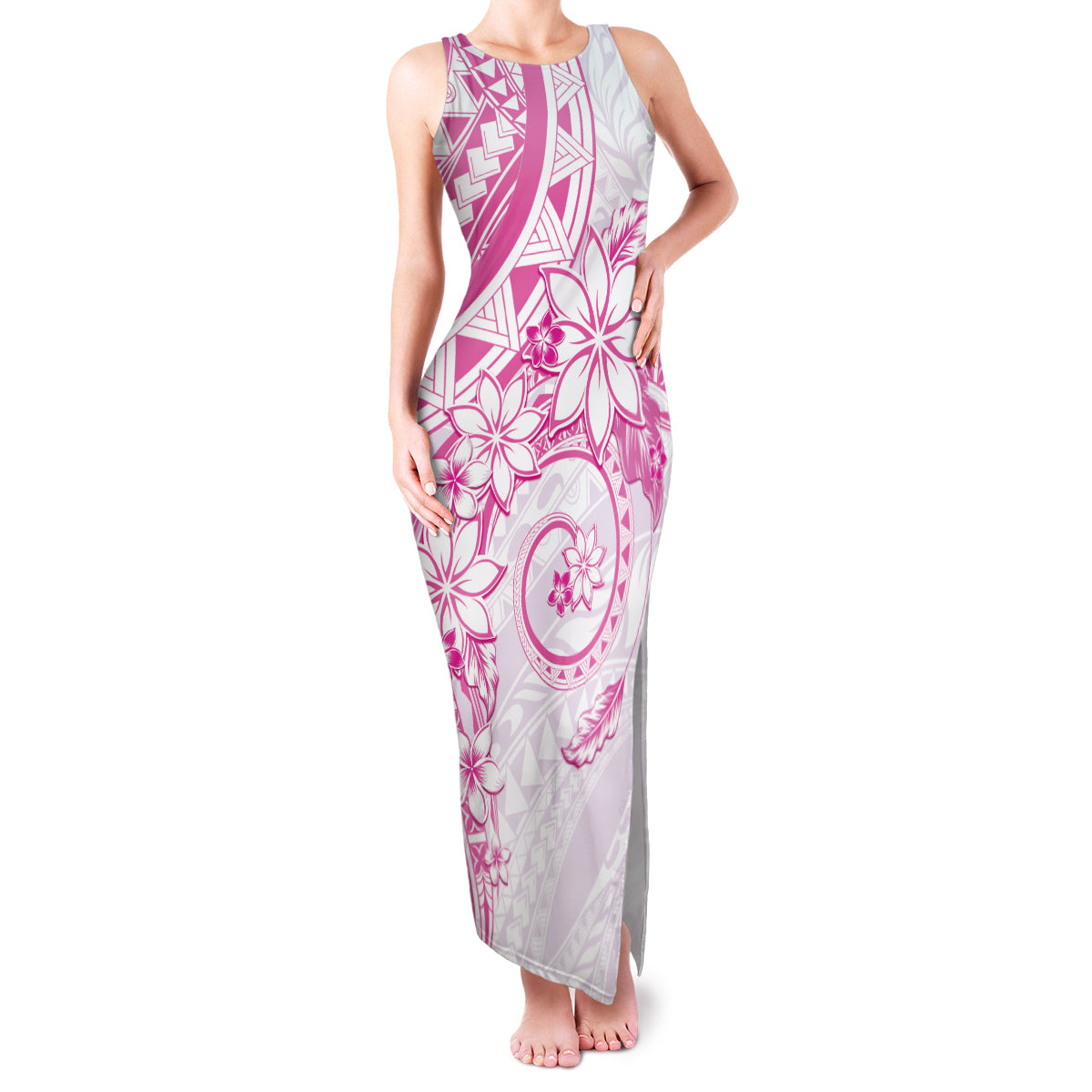 Polynesian Pattern With Plumeria Flowers Family Matching Tank Maxi Dress and Hawaiian Shirt Pink LT05 Mom's Dress Pink - Polynesian Pride