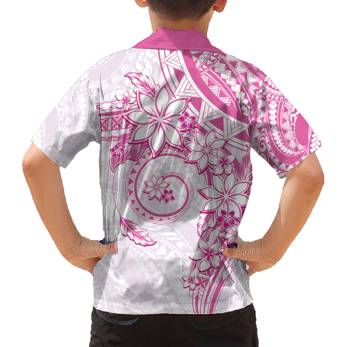 Polynesian Pattern With Plumeria Flowers Kid Hawaiian Shirt Pink