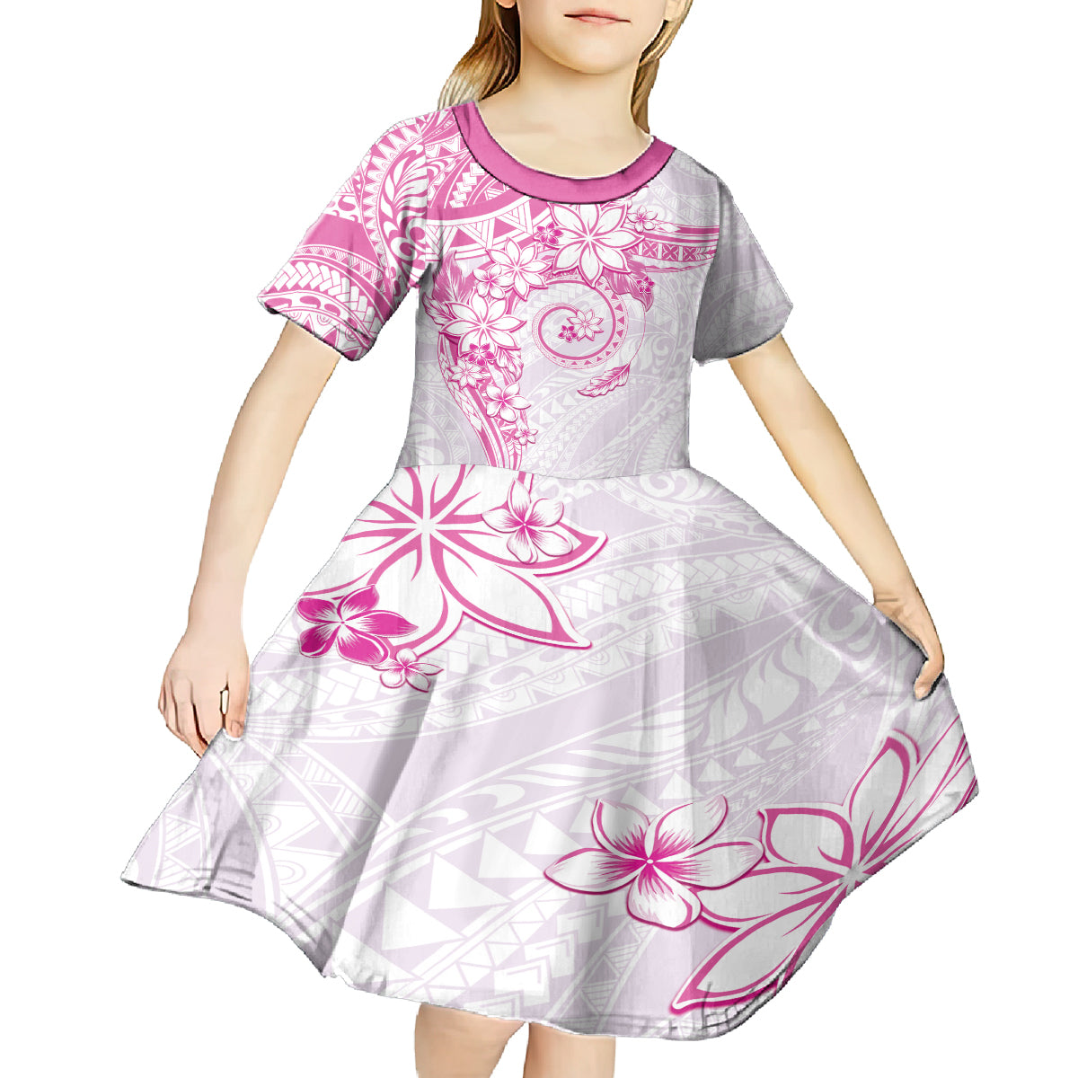 Polynesian Pattern With Plumeria Flowers Kid Short Sleeve Dress Pink