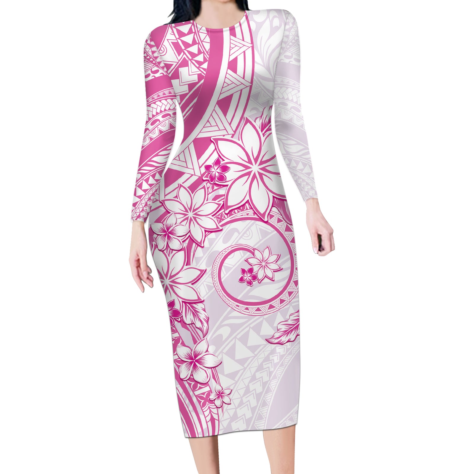 Polynesian Pattern With Plumeria Flowers Long Sleeve Bodycon Dress Pink