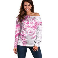 Polynesian Pattern With Plumeria Flowers Off Shoulder Sweater Pink