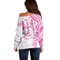 Polynesian Pattern With Plumeria Flowers Off Shoulder Sweater Pink