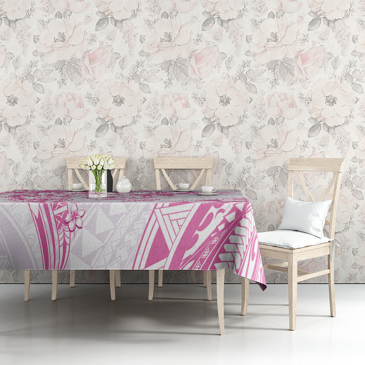 Polynesian Pattern With Plumeria Flowers Tablecloth Pink LT05 - Polynesian Pride