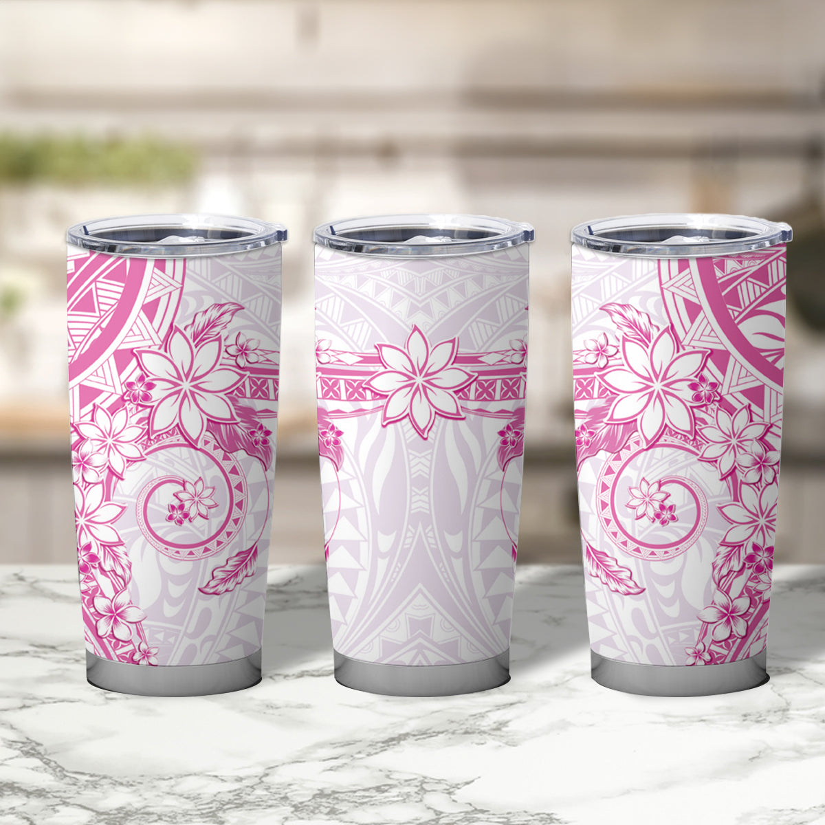 Pink Polynesian Pattern With Plumeria Flowers Tumbler Cup