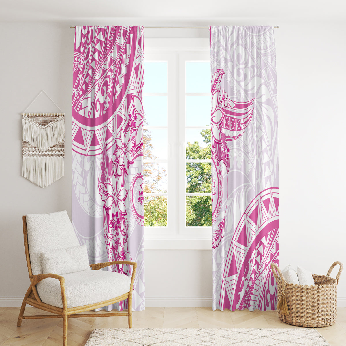 Polynesian Pattern With Plumeria Flowers Window Curtain Pink
