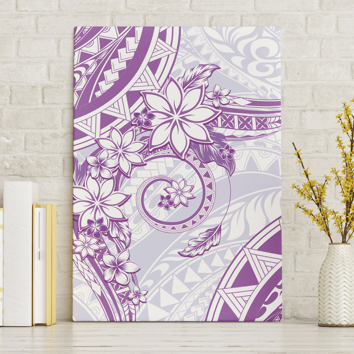 Polynesian Pattern With Plumeria Flowers Canvas Wall Art Purple