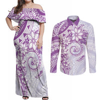 Polynesian Pattern With Plumeria Flowers Couples Matching Off Shoulder Maxi Dress and Long Sleeve Button Shirt Purple