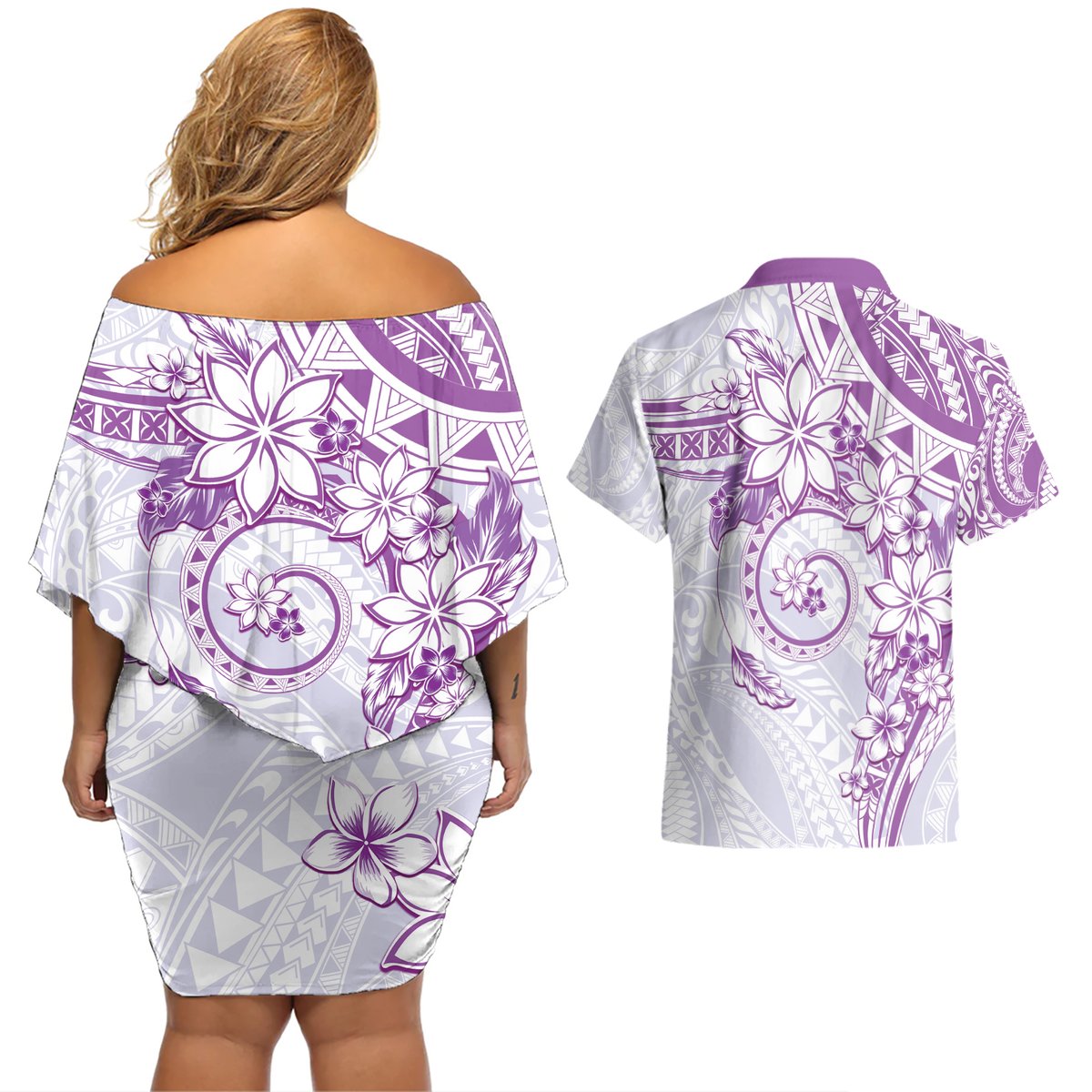 Polynesian Pattern With Plumeria Flowers Couples Matching Off Shoulder Short Dress and Hawaiian Shirt Purple