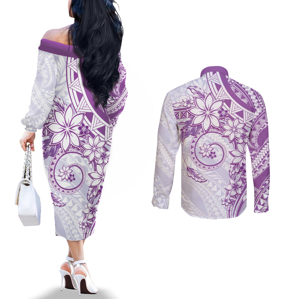 Polynesian Pattern With Plumeria Flowers Couples Matching Off The Shoulder Long Sleeve Dress and Long Sleeve Button Shirt Purple LT05 - Polynesian Pride