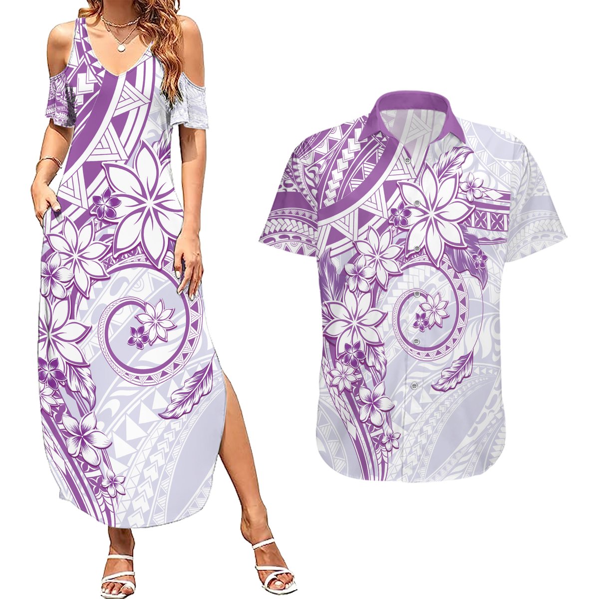 Polynesian Pattern With Plumeria Flowers Couples Matching Summer Maxi Dress and Hawaiian Shirt Purple LT05 Purple - Polynesian Pride