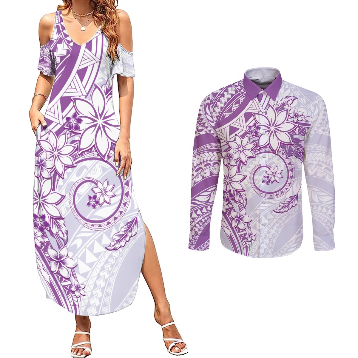 Polynesian Pattern With Plumeria Flowers Couples Matching Summer Maxi Dress and Long Sleeve Button Shirt Purple LT05 Purple - Polynesian Pride