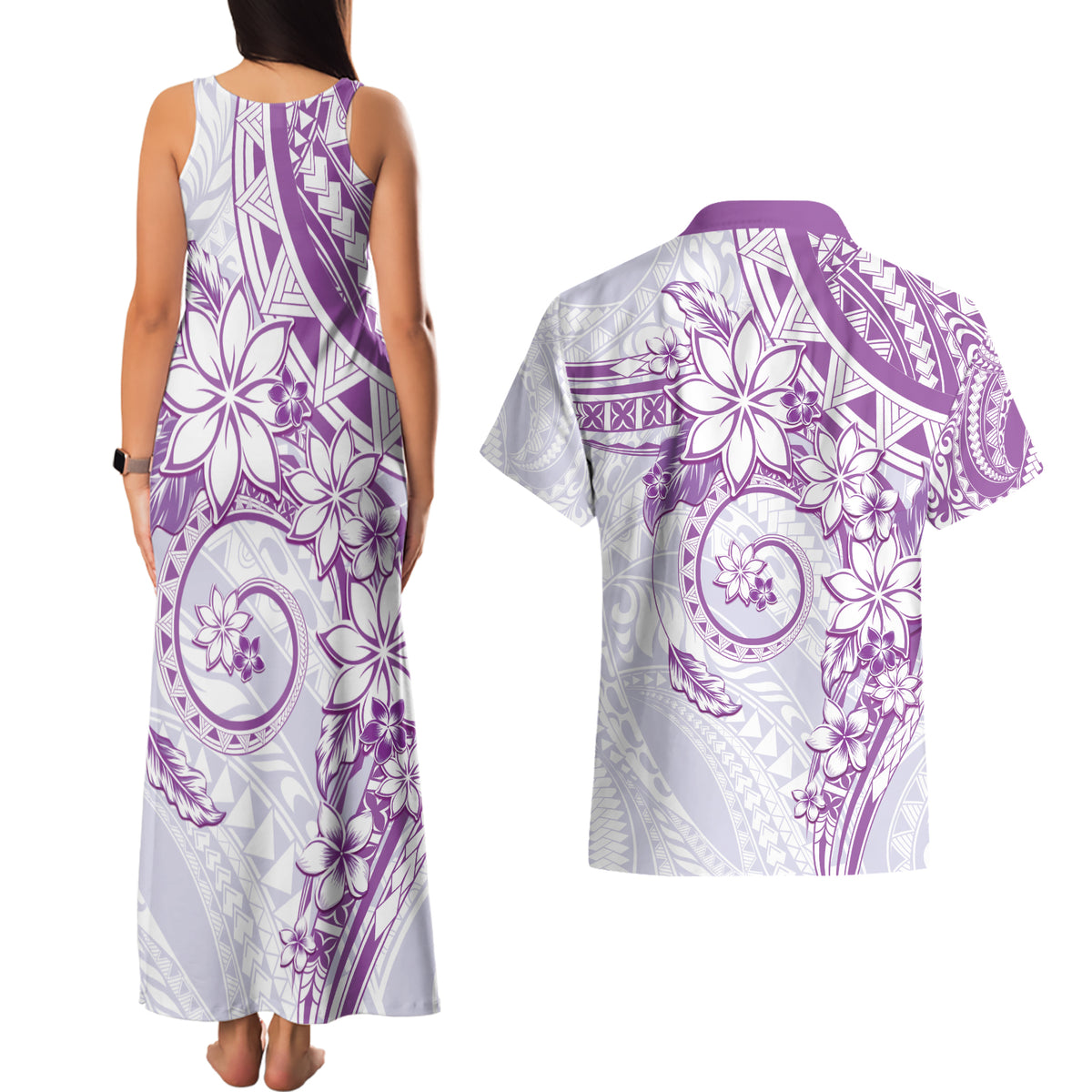 Polynesian Pattern With Plumeria Flowers Couples Matching Tank Maxi Dress and Hawaiian Shirt Purple LT05 - Polynesian Pride