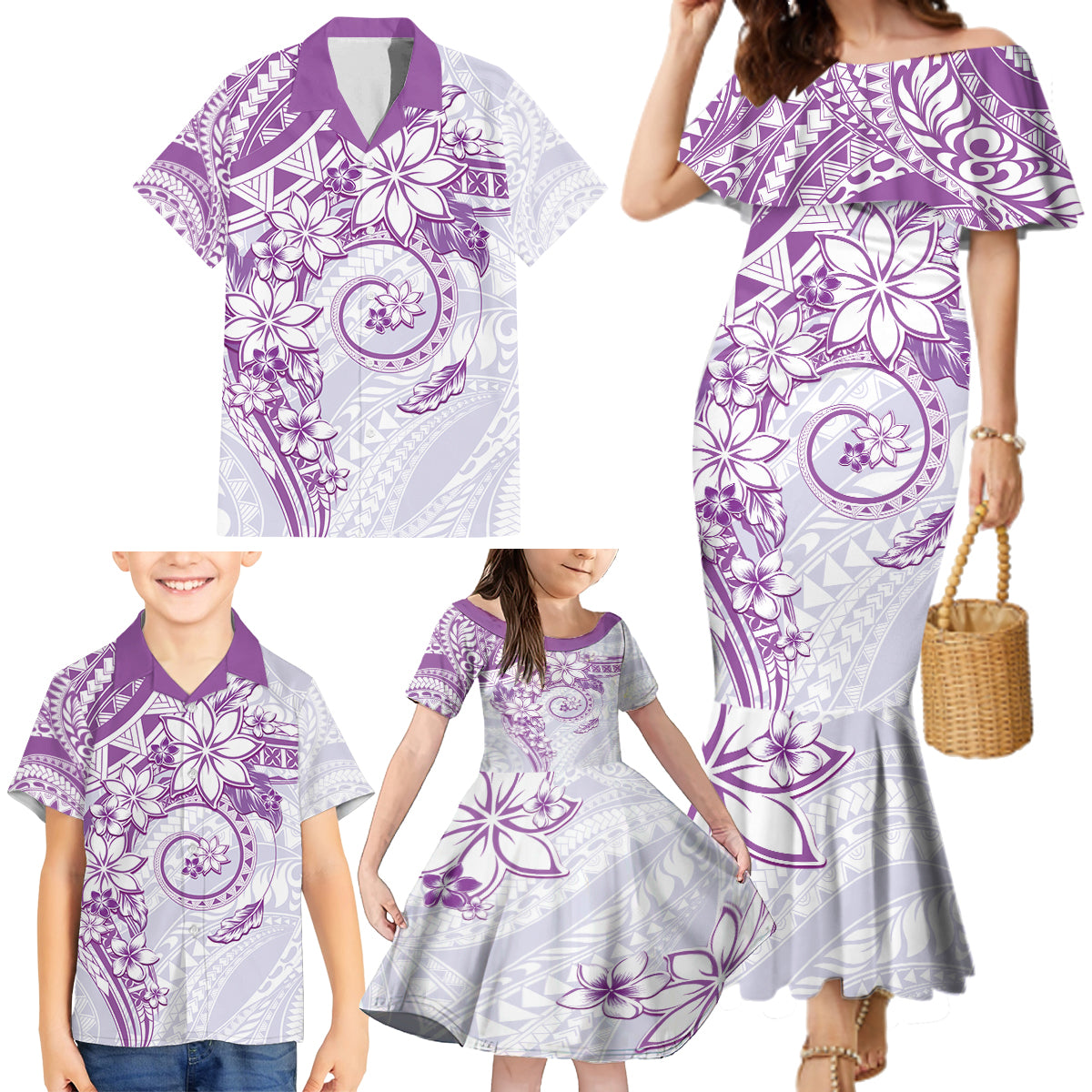 Polynesian Pattern With Plumeria Flowers Family Matching Mermaid Dress and Hawaiian Shirt Purple LT05 - Polynesian Pride