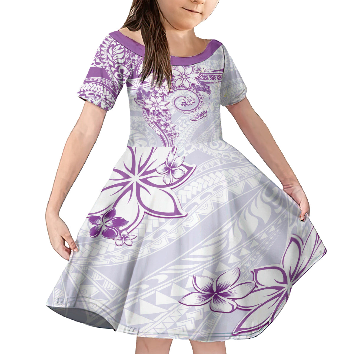 Polynesian Pattern With Plumeria Flowers Family Matching Off Shoulder Maxi Dress and Hawaiian Shirt Purple LT05 Daughter's Dress Purple - Polynesian Pride