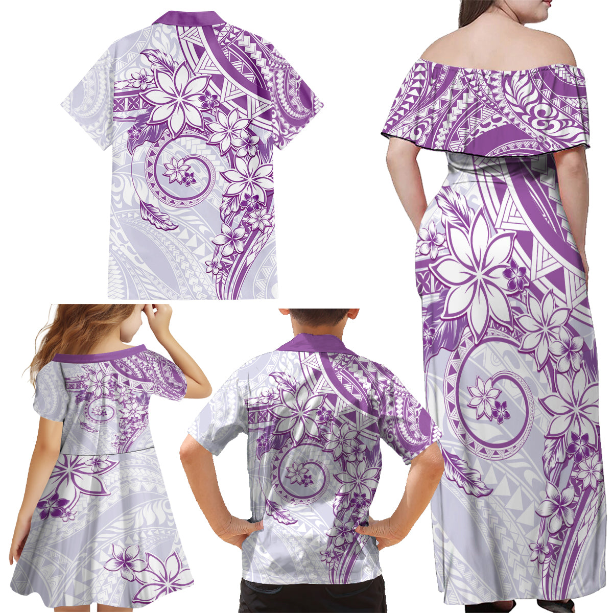 Polynesian Pattern With Plumeria Flowers Family Matching Off Shoulder Maxi Dress and Hawaiian Shirt Purple LT05 - Polynesian Pride
