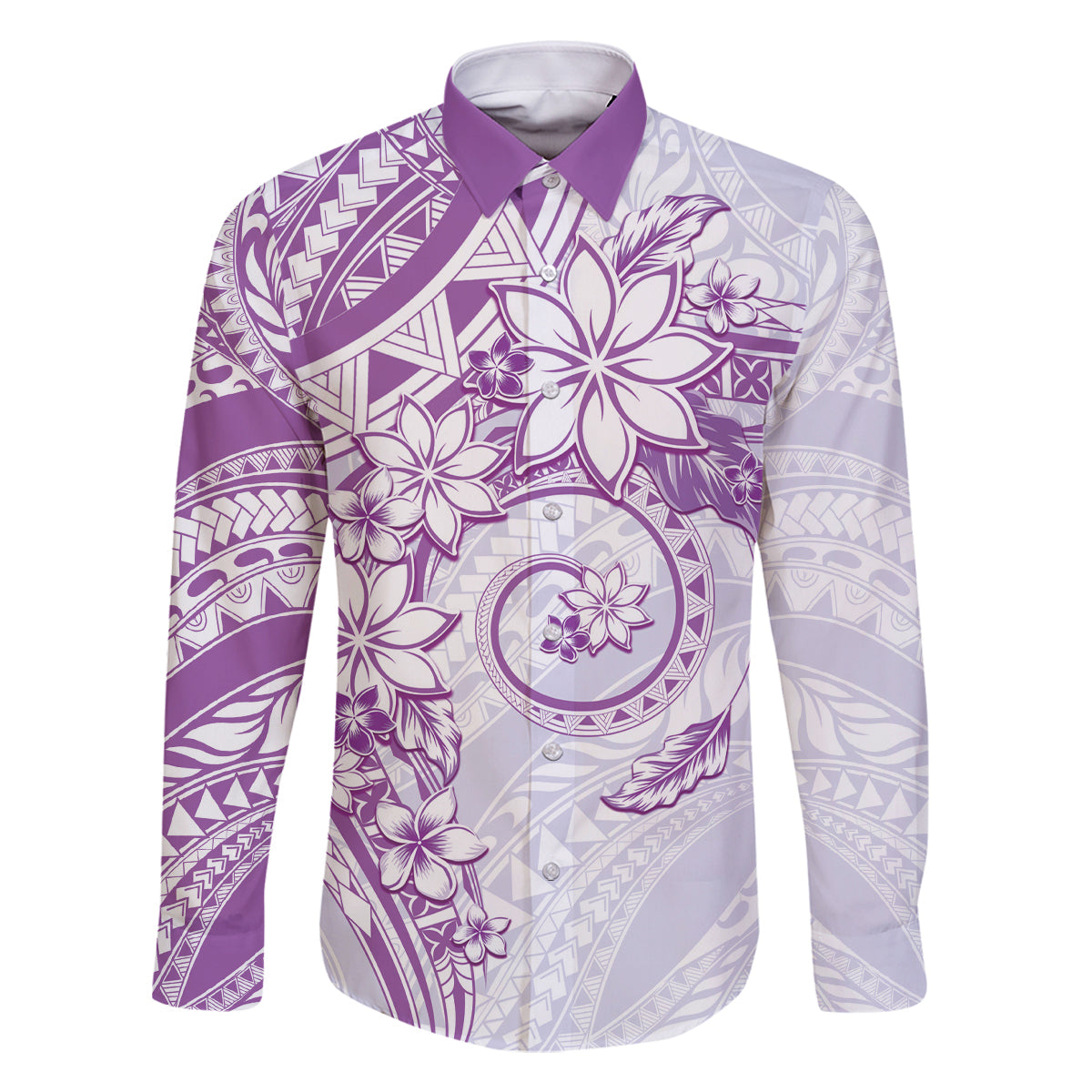 Polynesian Pattern With Plumeria Flowers Family Matching Off Shoulder Maxi Dress and Hawaiian Shirt Purple LT05 Dad's Shirt - Long Sleeve Purple - Polynesian Pride
