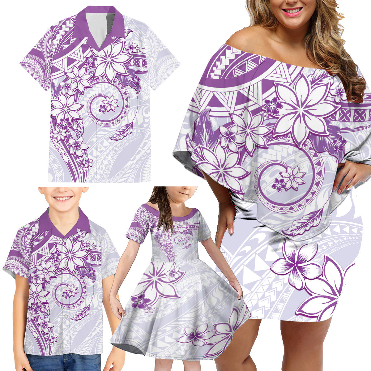 Polynesian Pattern With Plumeria Flowers Family Matching Off Shoulder Short Dress and Hawaiian Shirt Purple LT05 - Polynesian Pride