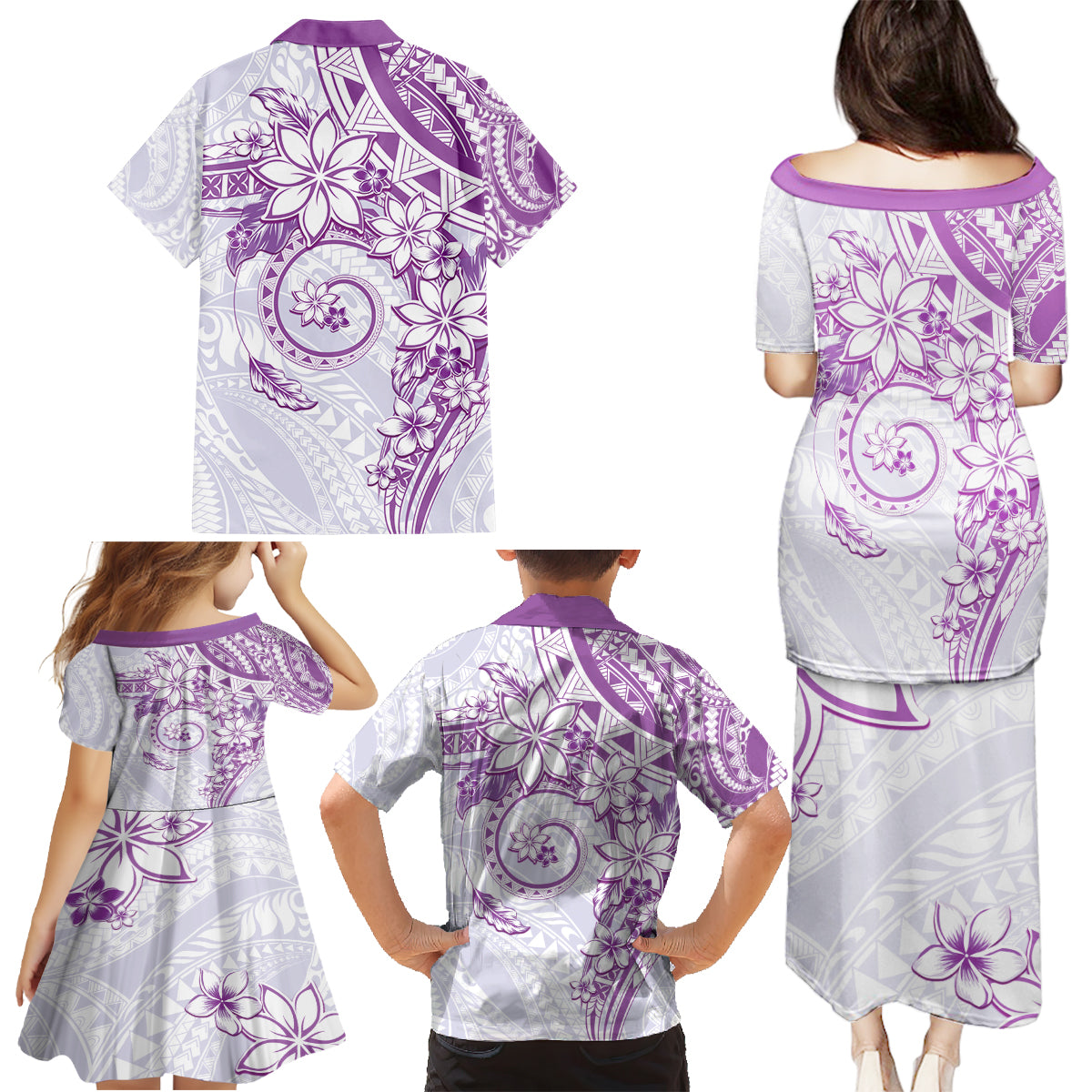 Polynesian Pattern With Plumeria Flowers Family Matching Puletasi and Hawaiian Shirt Purple LT05 - Polynesian Pride