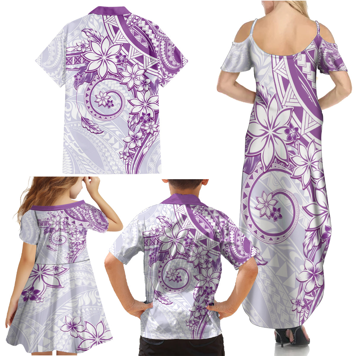 Polynesian Pattern With Plumeria Flowers Family Matching Summer Maxi Dress and Hawaiian Shirt Purple LT05 - Polynesian Pride