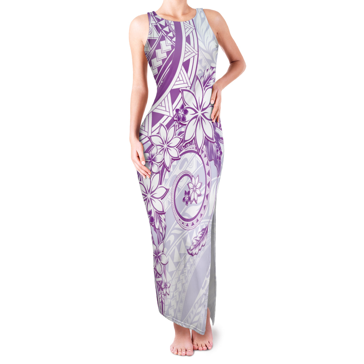 Polynesian Pattern With Plumeria Flowers Family Matching Tank Maxi Dress and Hawaiian Shirt Purple LT05 Mom's Dress Purple - Polynesian Pride