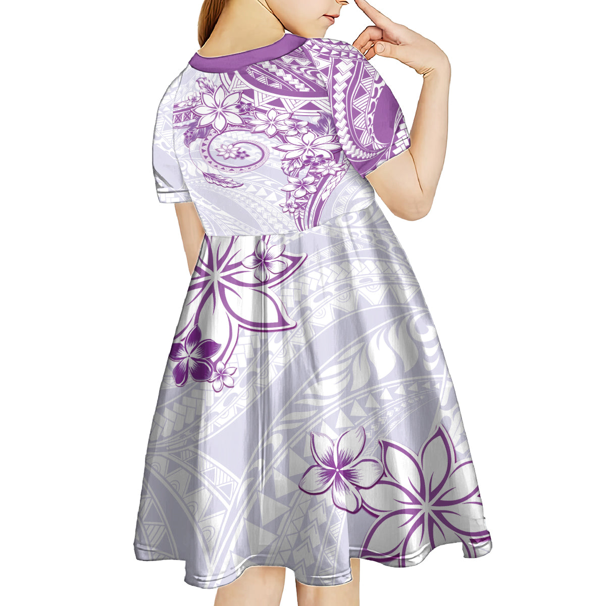 Polynesian Pattern With Plumeria Flowers Kid Short Sleeve Dress Purple
