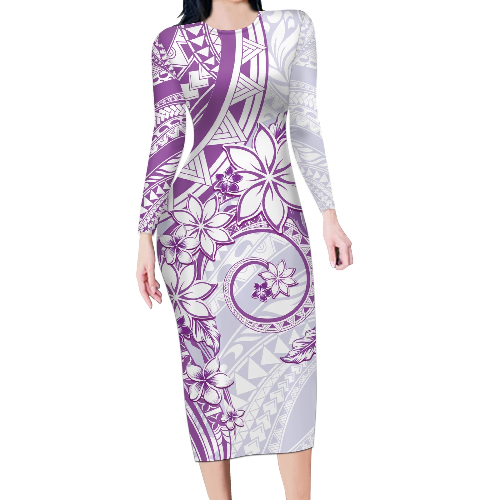 Polynesian Pattern With Plumeria Flowers Long Sleeve Bodycon Dress Purple