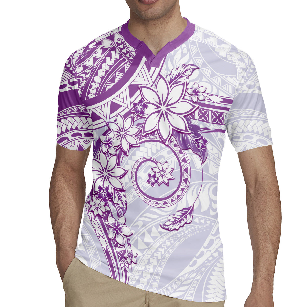 Polynesian Pattern With Plumeria Flowers Rugby Jersey Purple