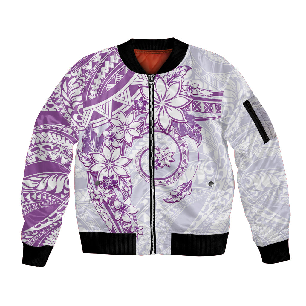 Polynesian Pattern With Plumeria Flowers Sleeve Zip Bomber Jacket Purple