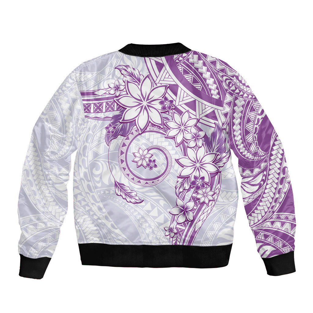 Polynesian Pattern With Plumeria Flowers Sleeve Zip Bomber Jacket Purple