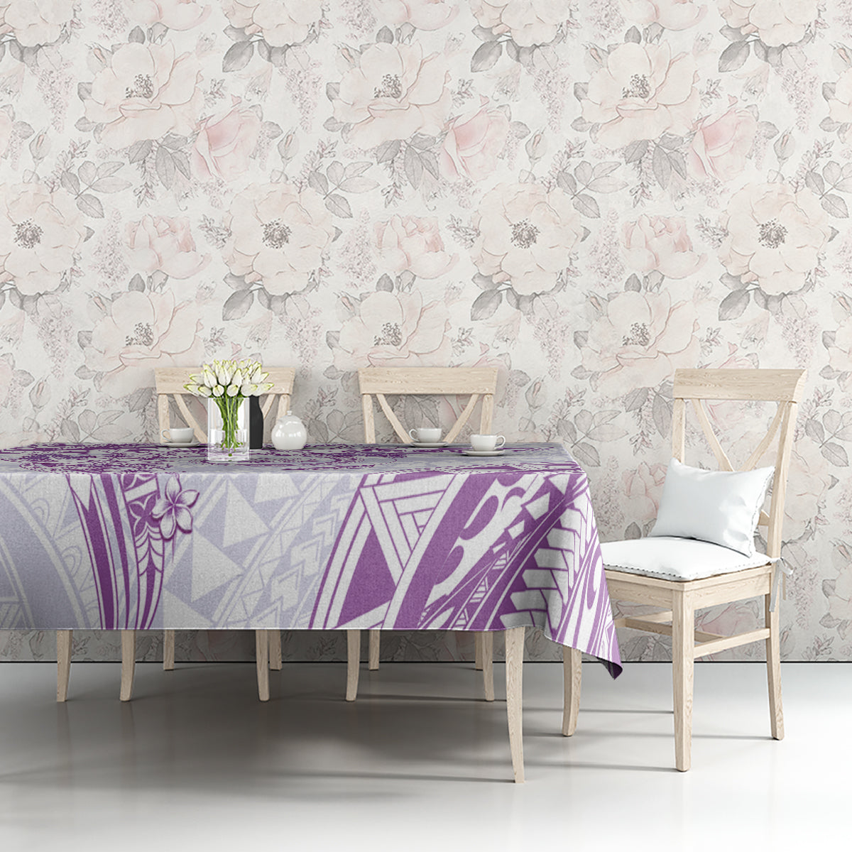 Polynesian Pattern With Plumeria Flowers Tablecloth Purple