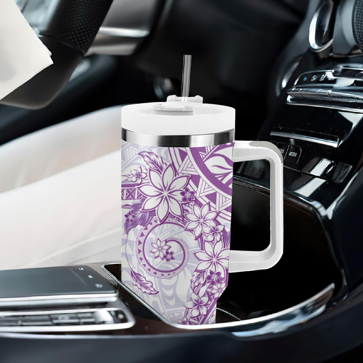 Purple Polynesian Pattern With Plumeria Flowers Tumbler With Handle
