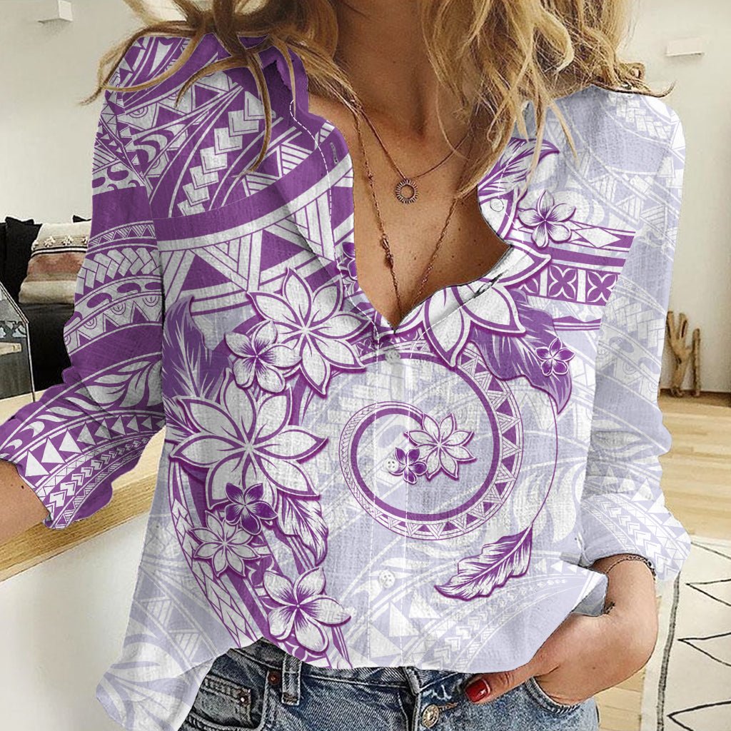 Polynesian Pattern With Plumeria Flowers Women Casual Shirt Purple