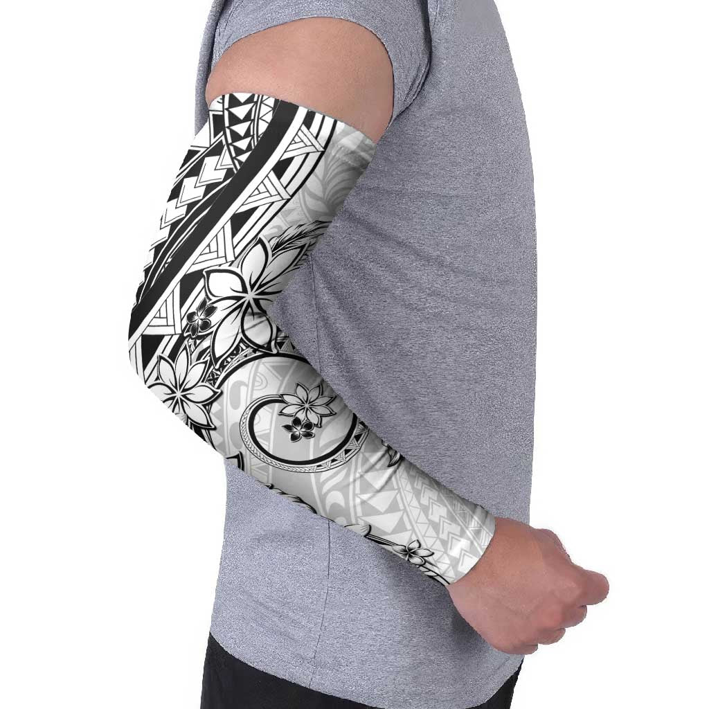 Polynesian Pattern With Plumeria Flowers Arm Sleeves White - Polynesian Pride