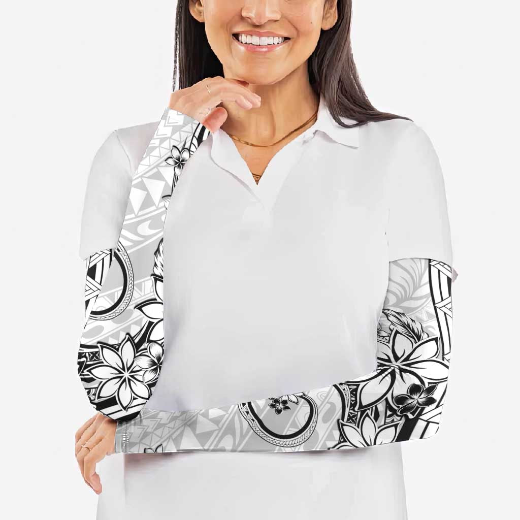 Polynesian Pattern With Plumeria Flowers Arm Sleeves White - Polynesian Pride