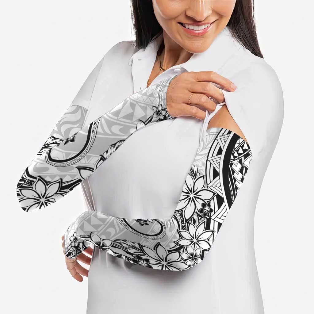 Polynesian Pattern With Plumeria Flowers Arm Sleeves White - Polynesian Pride