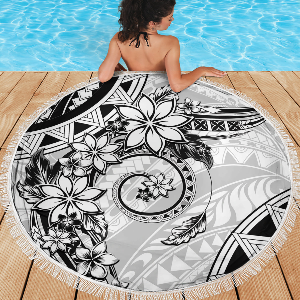 Polynesian Pattern With Plumeria Flowers Beach Blanket White