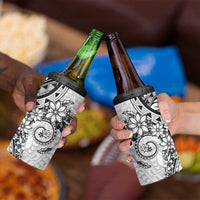 White Polynesian Pattern With Plumeria Flowers 4 in 1 Can Cooler Tumbler